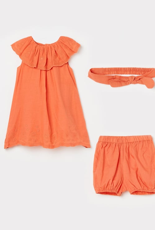 FS MINI KLUB Girls Solid Dress with Shorts and a Hairband