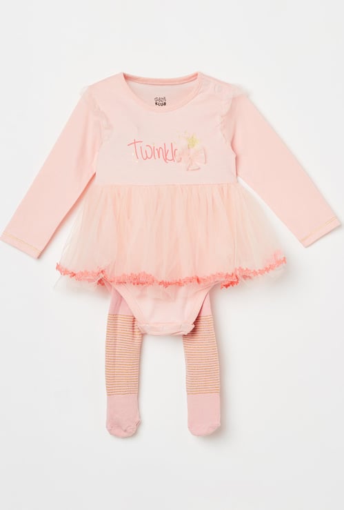 FS MINI KLUB Girls Printed Bodysuit and Solid Stockings