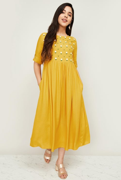 MELANGE Women Embroidered A-line Midi Dress with Pockets