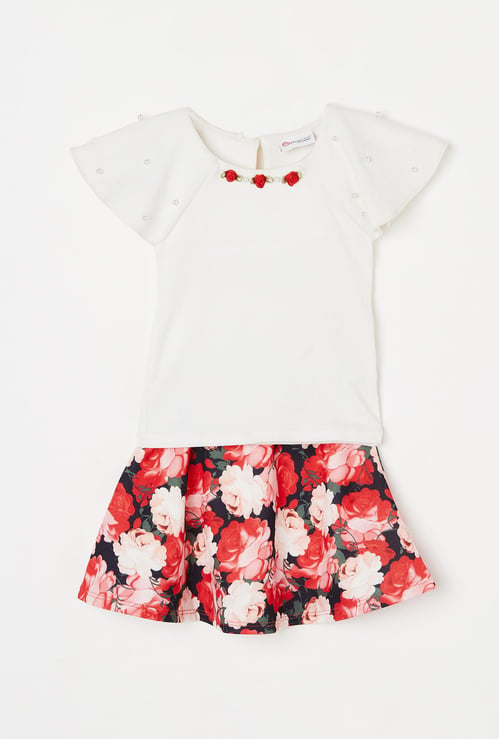 PEPPERMINT Girls Solid Top with Floral Print Skirt
