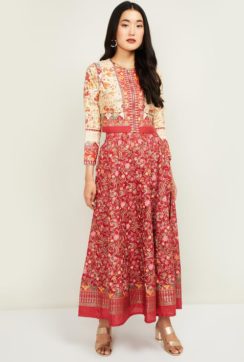 W Women Printed Ethnic Crop Top with Elasticated Maxi Skirt