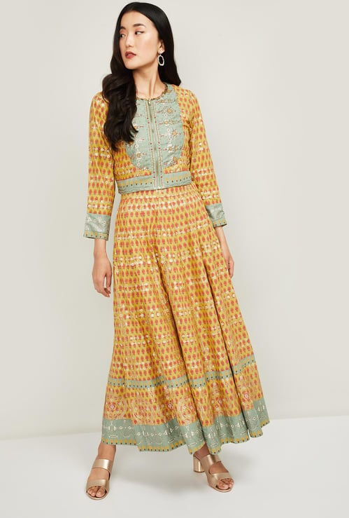 W Women Printed Ethnic Top with Elasticated Maxi Skirt