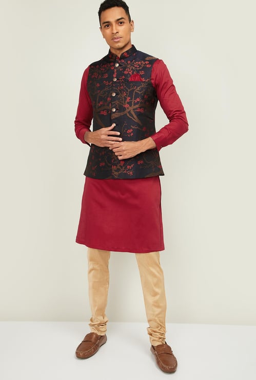 MANYAVAR Solid Band Collar Kurta with Churidar and Jacquard Jacket