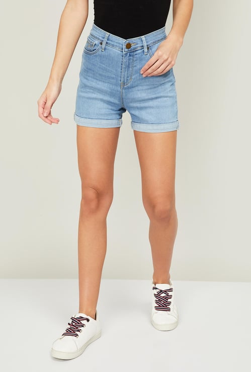 XPOSE Women Lightly Washed Denim Shorts with Upturned Hems