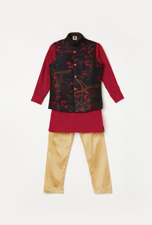 MANYAVAR Boys Solid Kurta with Pyjamas and Nehru Jacket