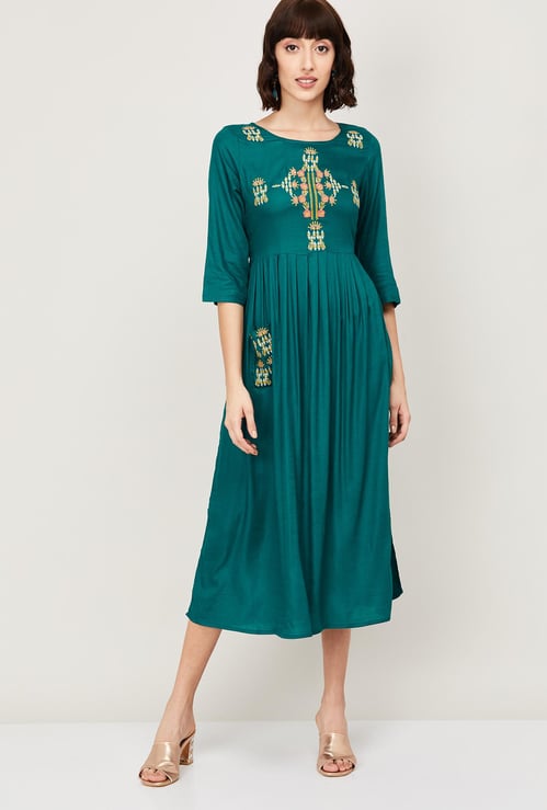 MELANGE Women Embroidered A-Line Midi Dress