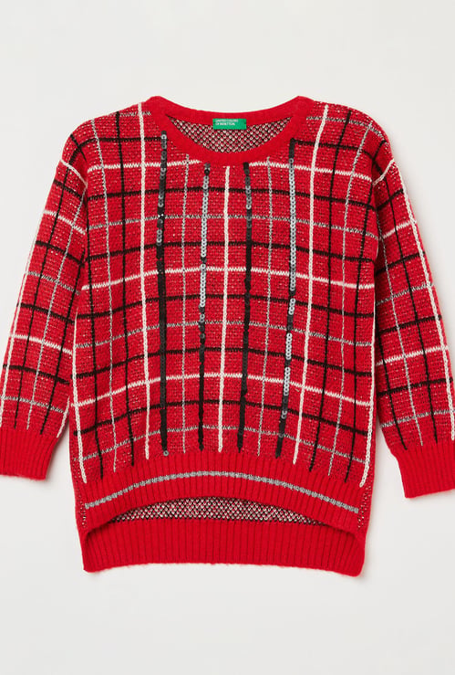 UNITED COLORS OF BENETTON Girls Checked Sequinned Sweater