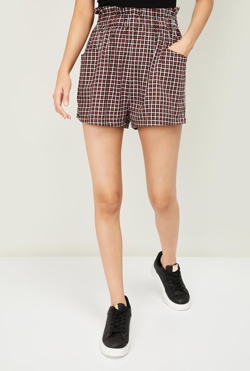 GINGER Women Checked Shorts with Paperbag Waist