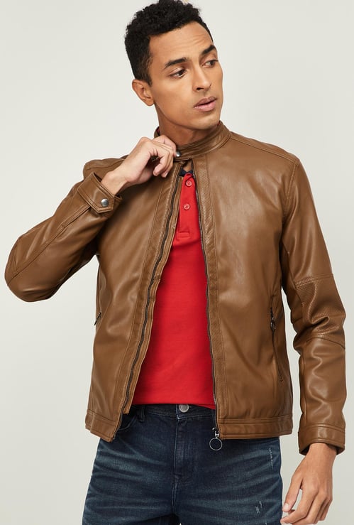FORCA Men Textured Biker jacket with Perforated Panels