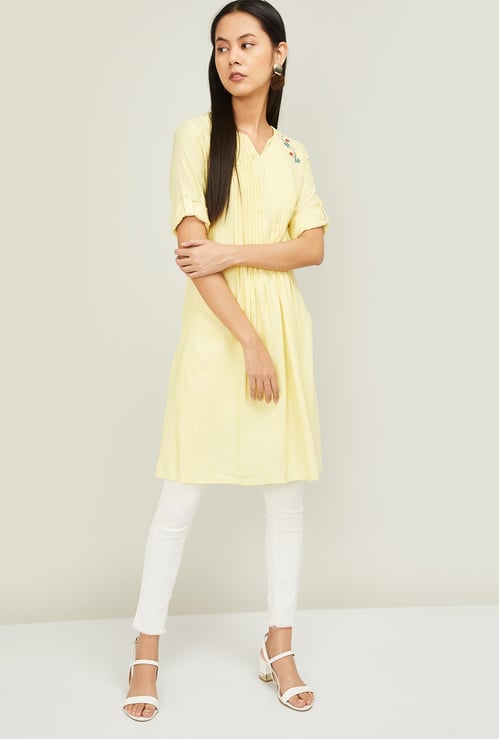 ALLEN SOLLY Pintucked Tunic with Floral Embroidery