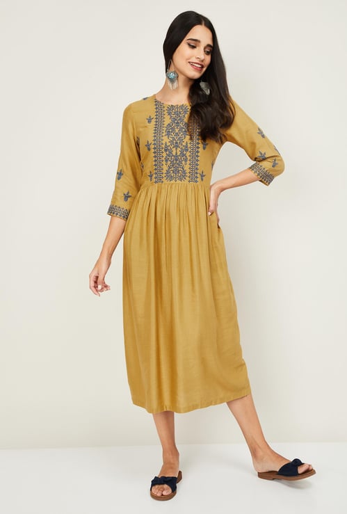 W Women Embroidered Round Neck A-Line Ethnic Dress