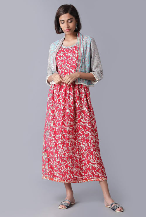 W Women Floral Print A-line Dress with Shrug