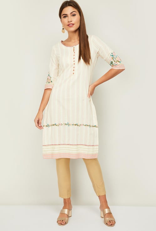 W Women Striped Three-quarter Sleeves Straight Kurta