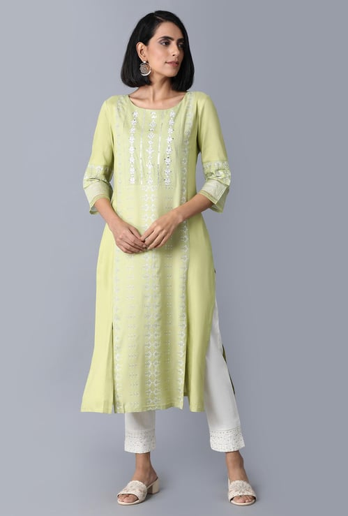 W Women Printed Three-Quarter Sleeves Straight Kurta