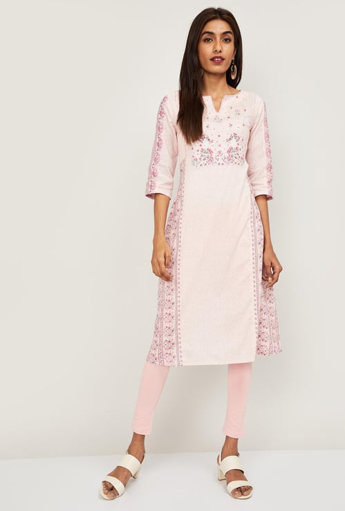 W Women Floral Print Three-Quarter Sleeves Straight Kurta