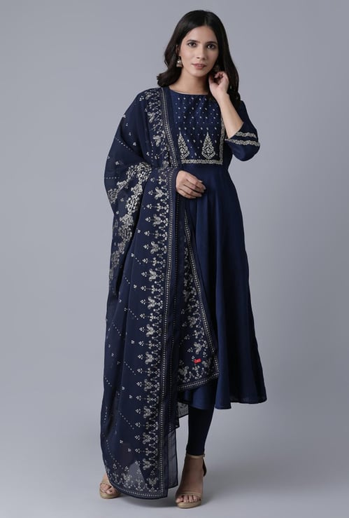 W  Women Printed Flared Kurta with Churidar and Dupatta
