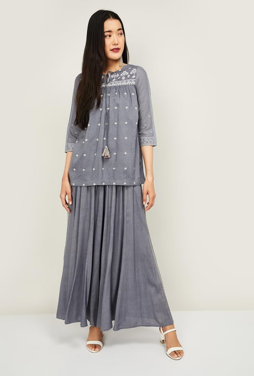 W Women Embroidered Top with Elasticated Maxi Skirt