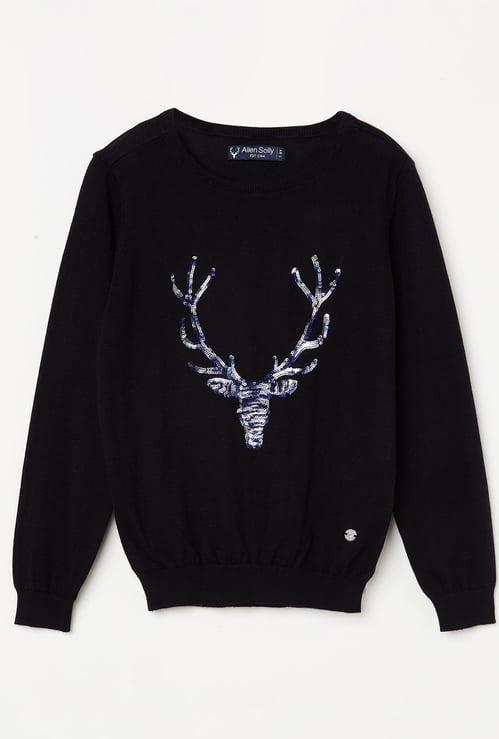 ALLEN SOLLY Girls Sequinned Round-Neck Sweater