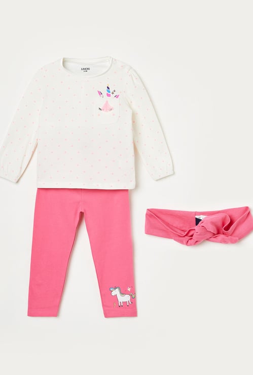 JUNIORS Girls Printed Round Neck Top with Elasticated Leggings