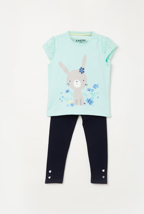 JUNIORS Girls Printed Round Neck Top With Leggings