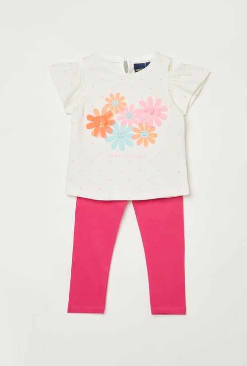JUNIORS Girls Printed Cold-Shoulder Top with Elasticated Leggings