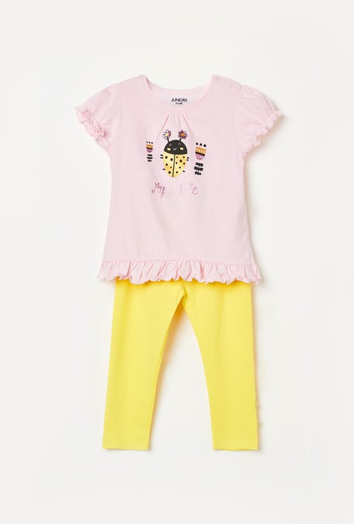 JUNIORS Girls Printed Round Neck Top with Solid Elasticated Leggings