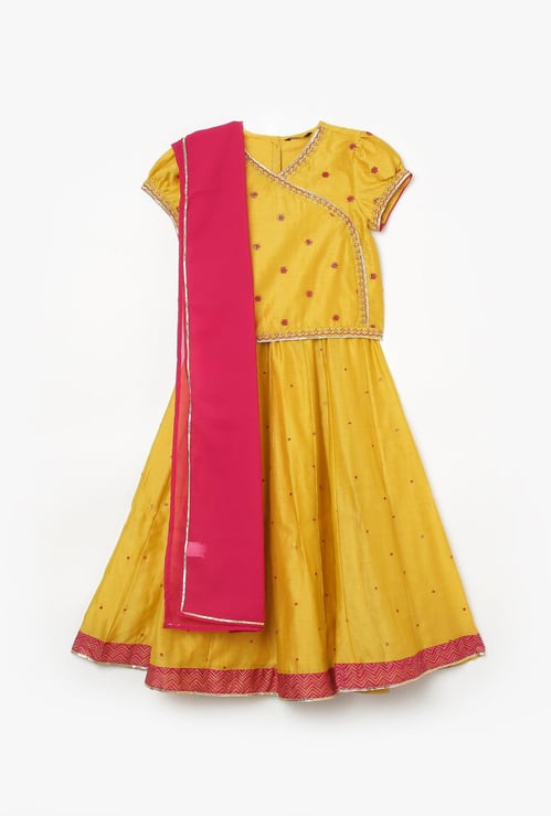 MELANGE Girls Embroidered Blouse with Printed Lehenga and Dupatta