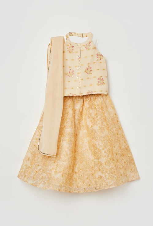 MELANGE Girls Embroidered Blouse with Lehenga and Dupatta