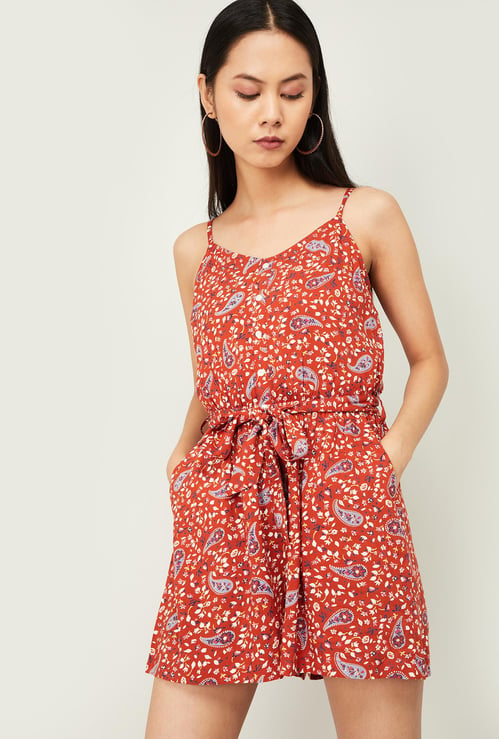 GINGER Women Floral Print Tie-Up Waist Playsuit