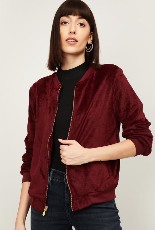 FAME FOREVER Women Solid Zip-Front Sweatshirt