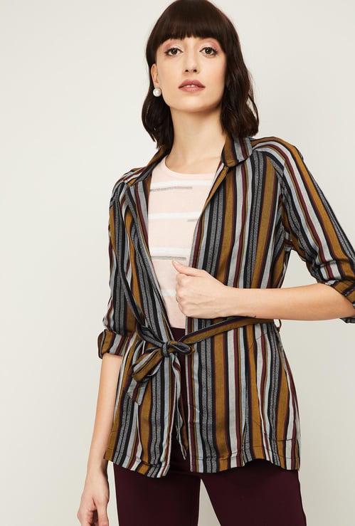 CODE Women Striped Open-Front Shrug