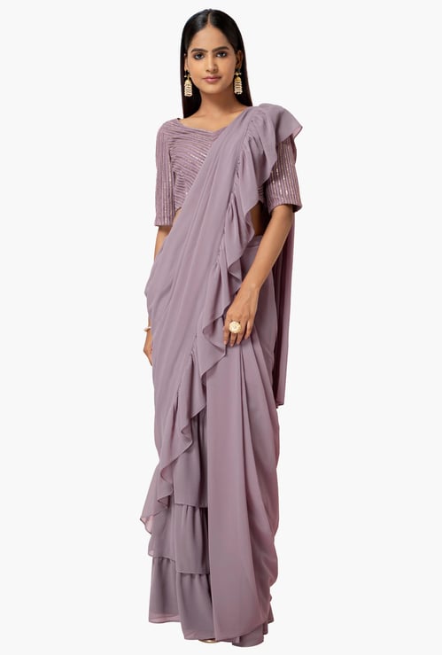 INDYA Women Solid Ruffle Detailed Pre-Stitched Saree