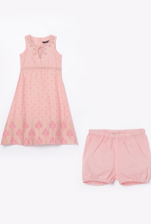 MELANGE Girls Sequin Embellished A-line Dress with Shorts