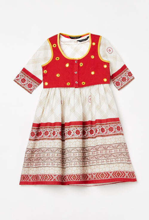 MELANGE Girls Printed A-line Dress with Koti Jacket