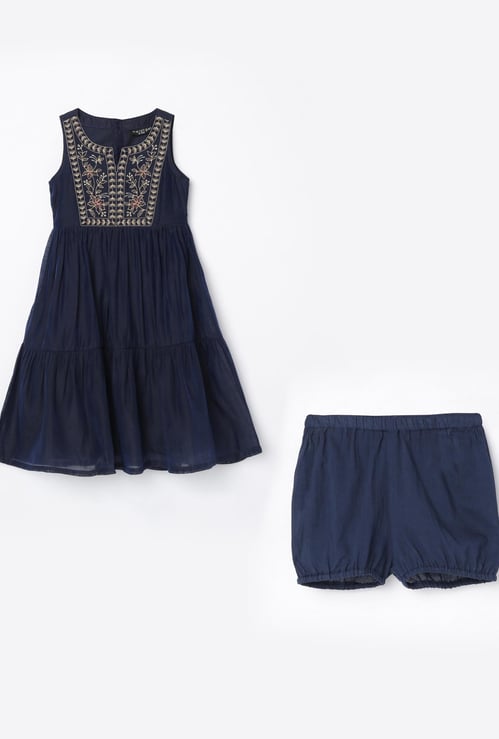 MELANGE Girls Embroidered A-line Dress with Shorts