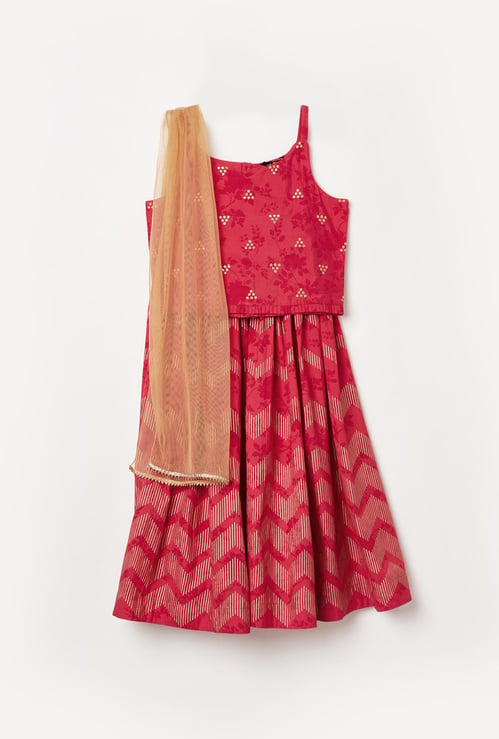 MELANGE Girls Printed Ethnic Blouse with A-Line Lehenga and Dupatta