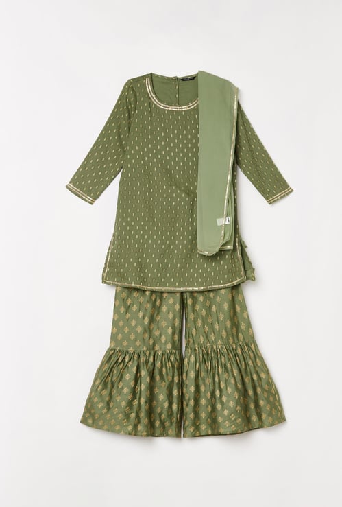 MELANGE Girls Printed Kurta with Sharara Pants and Dupatta