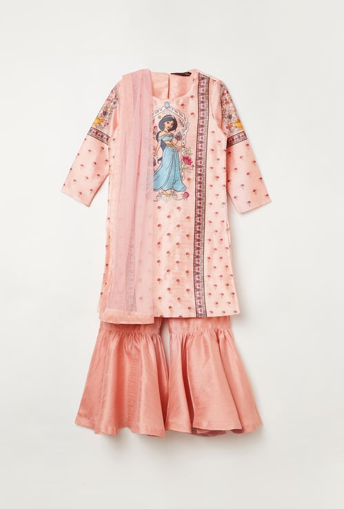 MELANGE Girls Floral Print Kurta with Sharara and Dupatta
