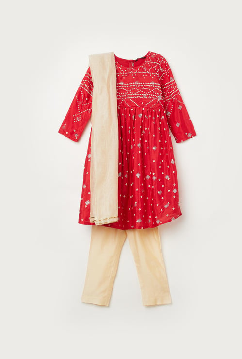 MELANGE Girls Printed A-Line Kurta With Churidar and Dupatta