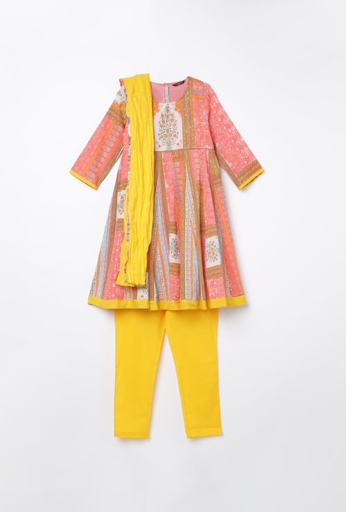 MELANGE Girls Printed A-Line Kurta with Solid Churidar and Dupatta