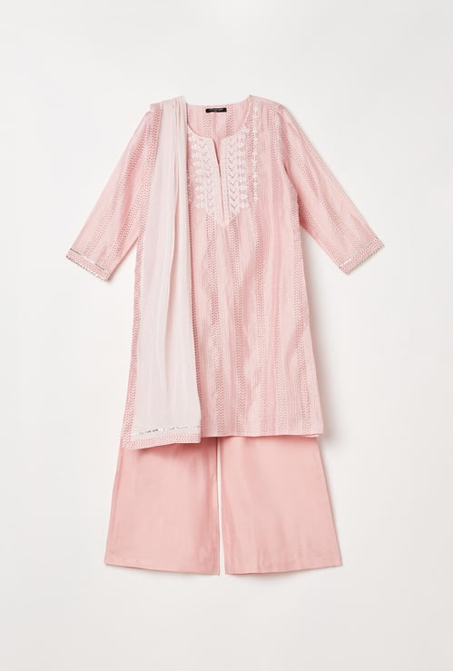 MELANGE Girls Embroidered Straight Kurta with Solid Palazzos and Dupatta