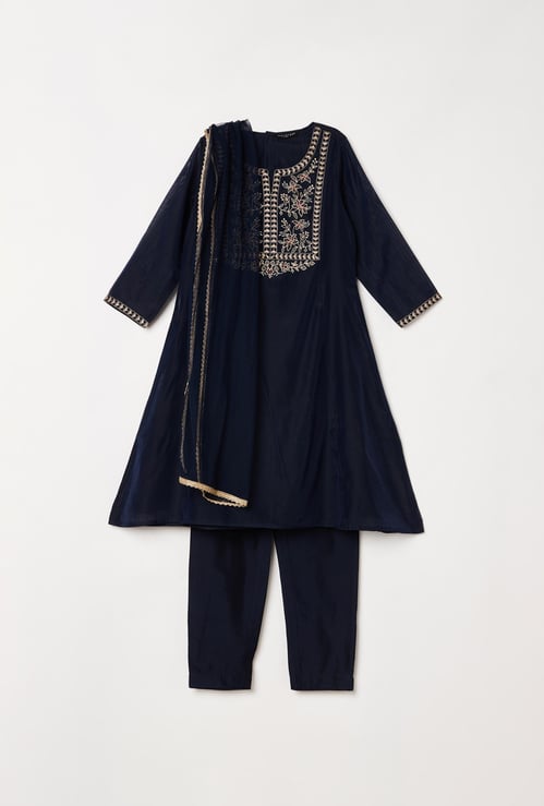 MELANGE Girls Embroidered Flared Kurta with Churidhar and Dupatta