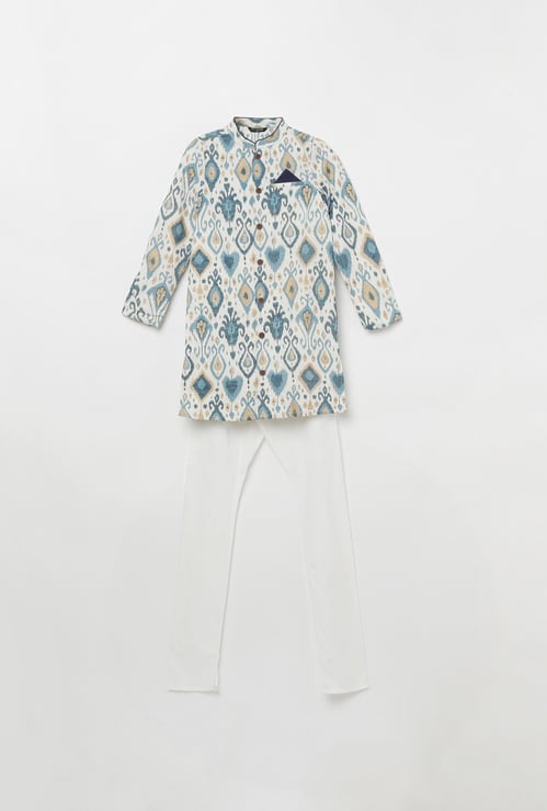 MELANGE Boys Printed Band Collar Kurta with Elasticated Waist Pyjamas