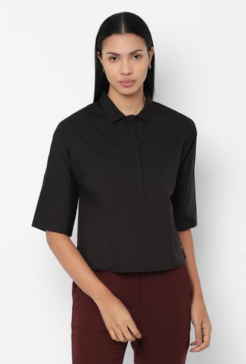 ALLEN SOLLY Women Solid Short Sleeves Shirt