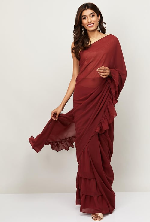 INDYA Women Solid Ruffle Detailed Pre-Stitched Saree