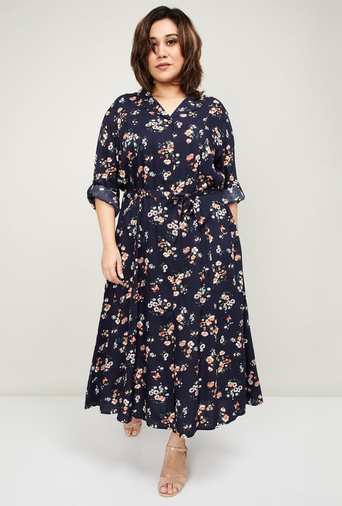 NEXUS Women Floral Print Plus-Size Maxi Shirt Dress