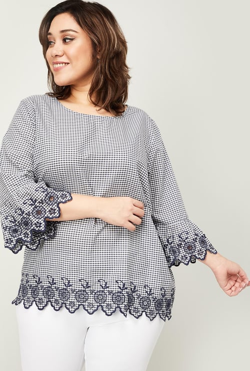 NEXUS Women Plus-Size Checked Three-quarter Sleeves Top
