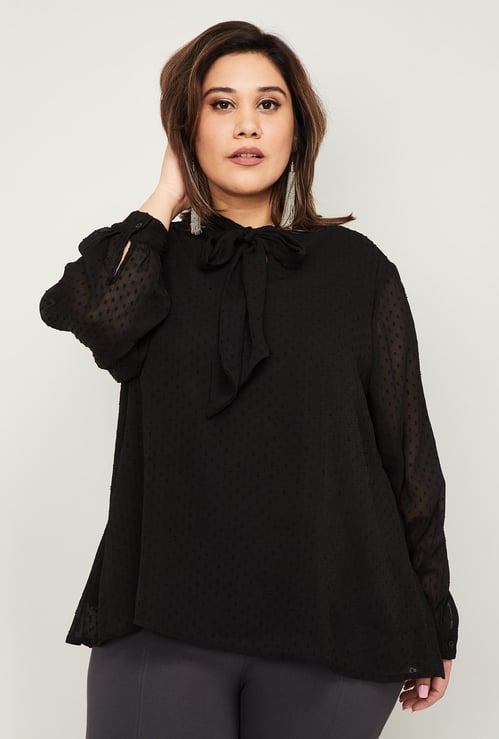 NEXUS Women Dobby Plus-Size Top with Tie-Up Neck