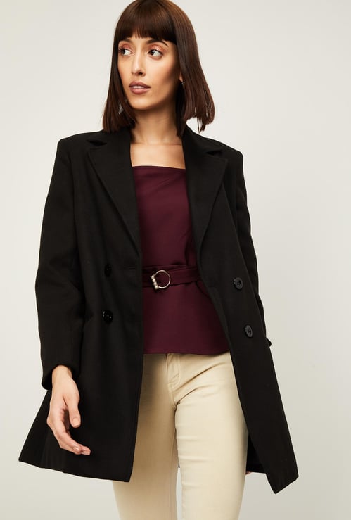 FABALLEY Women Solid Double-Breasted Coat