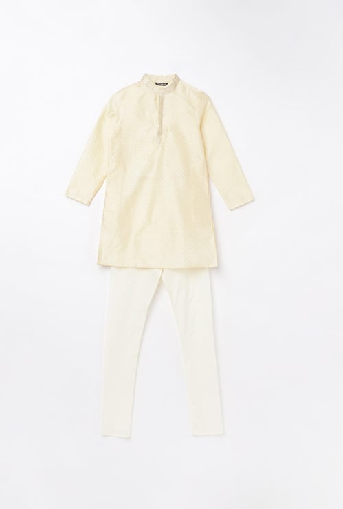 MELANGE Textured Band Collar Kurta with Elasticated Waist Pyjamas
